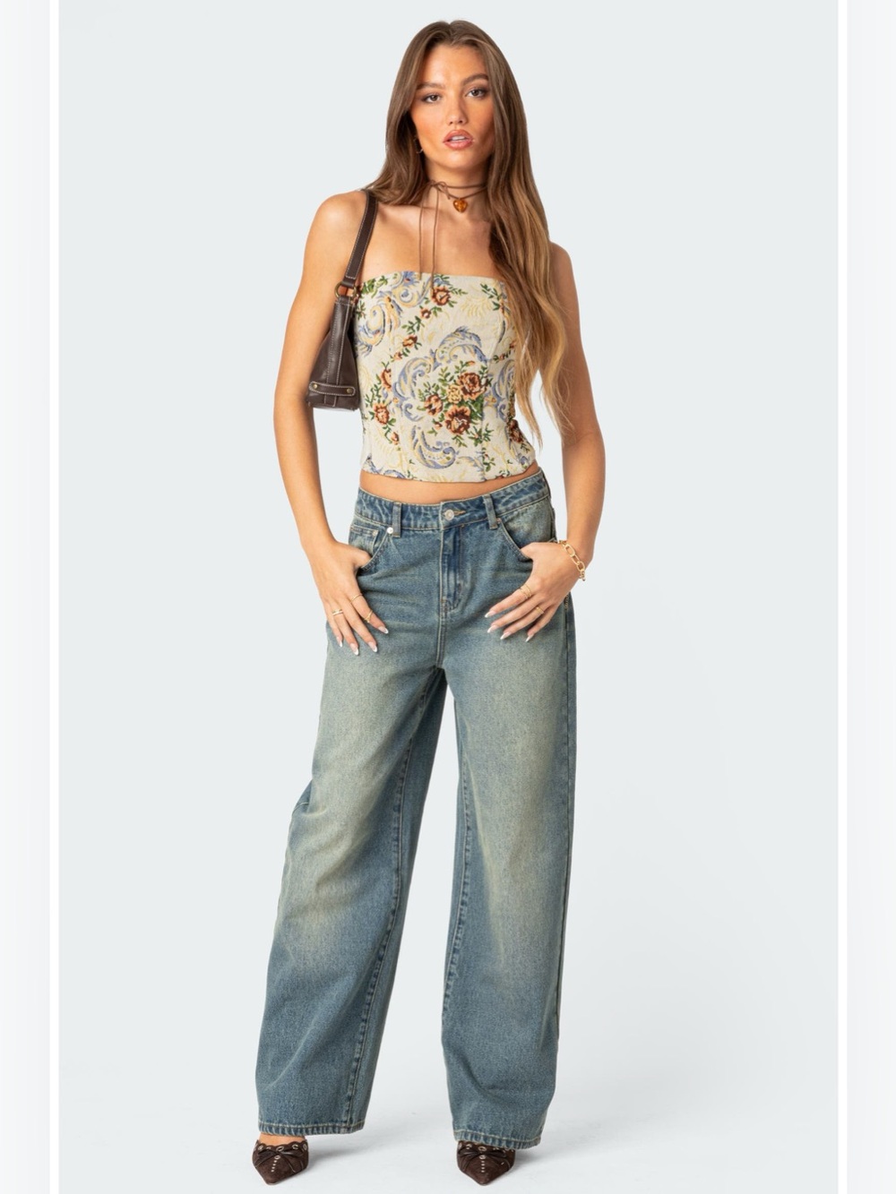 Floral Strapless Tapestry Corset Top in Cream